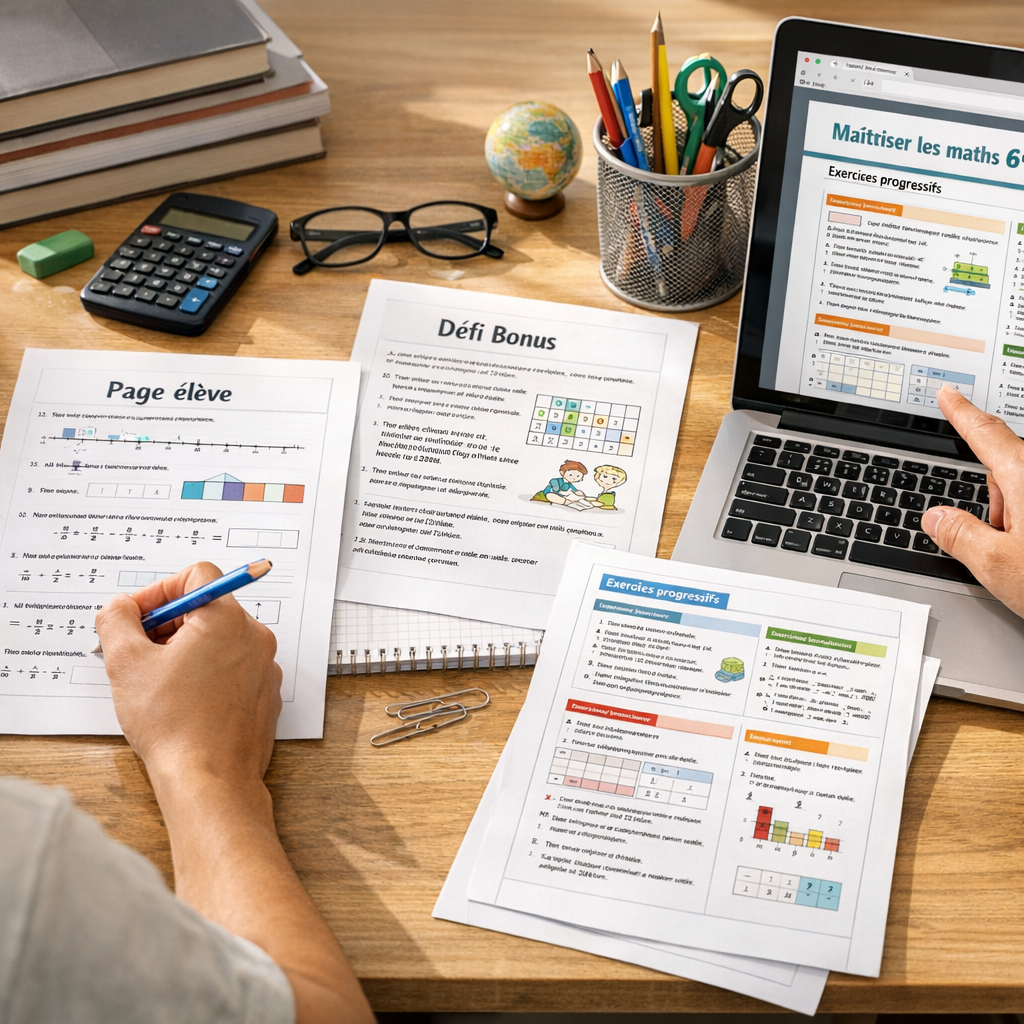 Exercices progressifs à imprimer : page élève, défi bonus et mise en page PDF