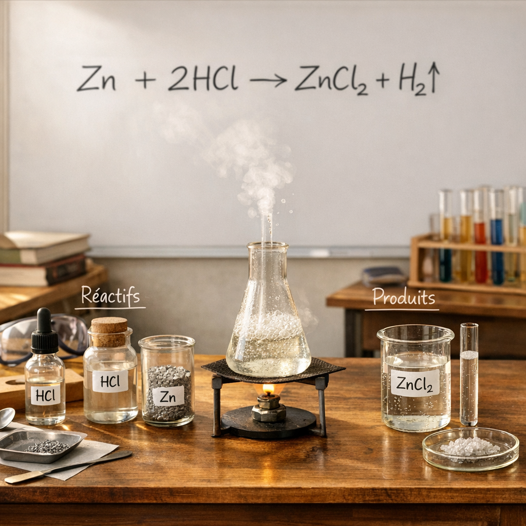 Modéliser la réaction chimique avec les réactifs, les produits et l'équation